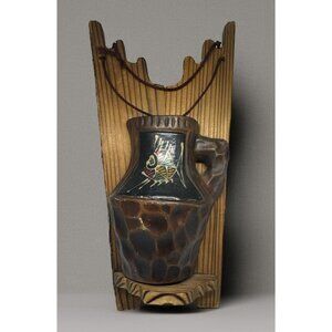 Tribal African Wooden Fish Motif Pitcher On A Carved Wooden Backing